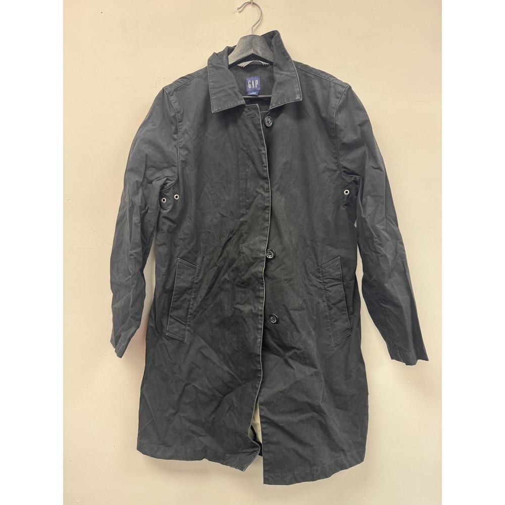 Vintage GAP Coat Womens Large Black‎ Long Button Front Trench Jacket 90s